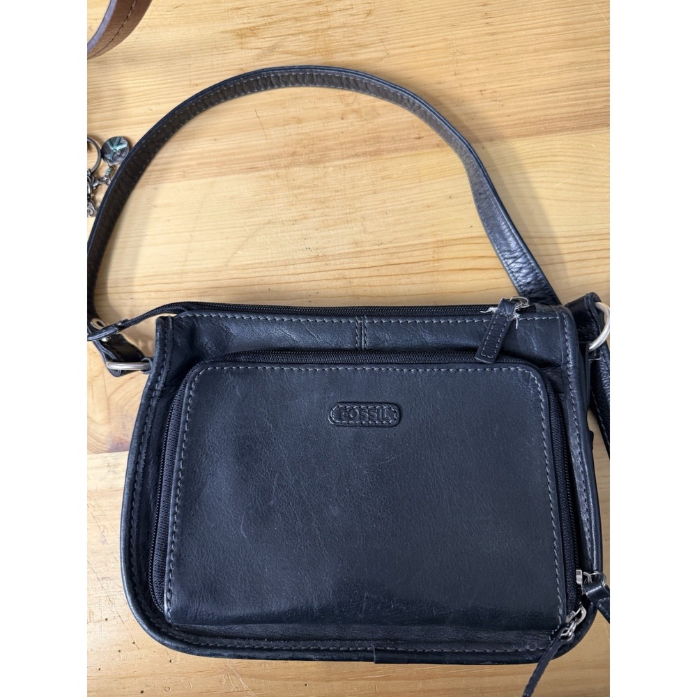 Vintage Fossil Leather Crossbody Bag Purse Black Top Zip Close Medium Travel - Picture 3 of 6